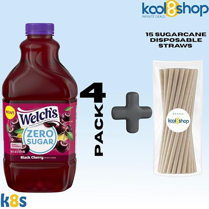 Welch's Black Cherry Zero Sugar Fruit Juice Drink 64 fl oz Plastic Bottles 4 Pack + 15 Sugarcane Disposable Straws by KOOL8SHOP Infinite Deals