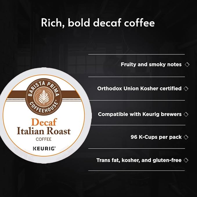 Barista Prima Coffeehouse Dark Roast Extra Bold K-Cup for Keurig Brewers Decaf Italian Roast Coffee4 pack of 24 cups each (96 count)