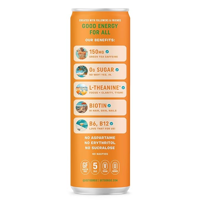 GORGIE Sugar Free Natural Energy Drinks Jaclyn Hill Orange Twist (12 Pack) Healthy Sparkling Energy Drinks Natural Coffee Replacement with Green Tea Caffeine and Biotin Vegan Low Calorie