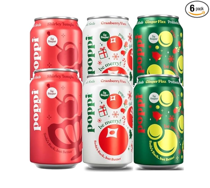 Sparkling Prebiotic Soda Beverage with Apple Cider Vinegar Seltzer Water and Fruit Juice Holiday assorted pack x2Ginger Fizz  x2cranberry Fizz  x2shirley temple  total 6 cans 12 FLoz all limited