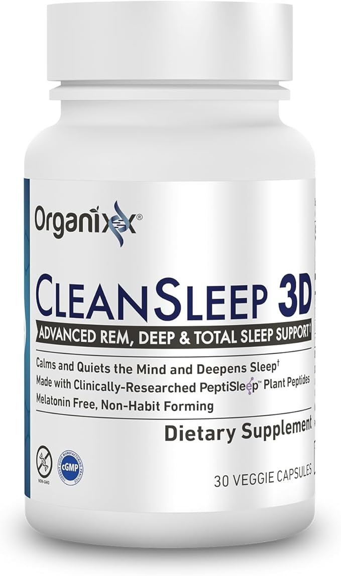 Organixx Clean Sleep 3D Melatonin Free Sleep Supplement with L Theanine GABA and Peptides to Promote Relaxation and Sleep Support Vegan Formula Dairy Soy &amp Gluten Free Non GMO 30 Capsules