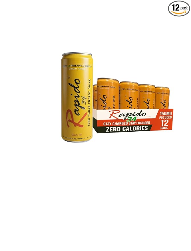 Rapido 34 Energy drink Spicy Pineapple Mango Zero Sugar 12oz can 12 pack case