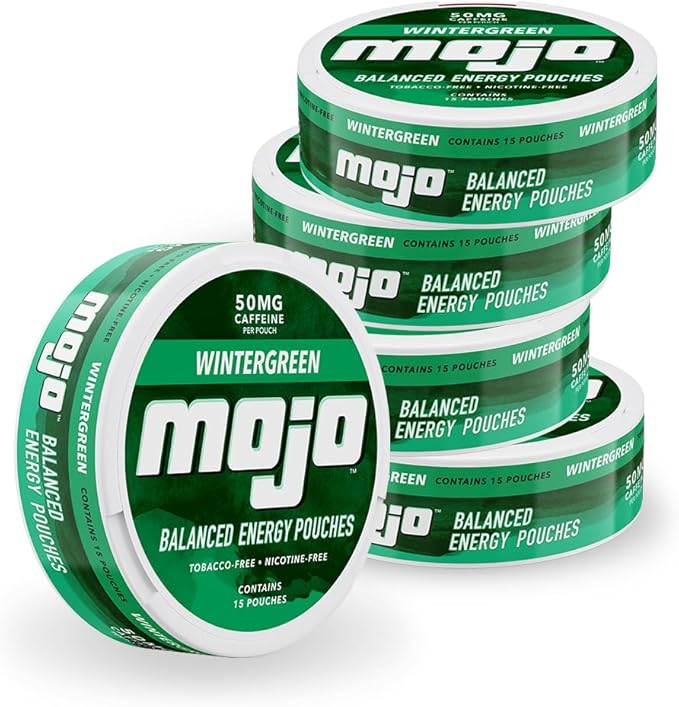 Mojo™ Balanced Energy Pouches | Healthier Energy Drink Alternative | Zero Sugar &amp Calorie-Free with Ginseng Yerba Mate B-Vitamins and Amino Acids | 15 Pouches Per Can | 5 Cans of Wintergreen