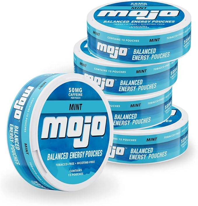 Mojo™ Balanced Energy Pouches | Healthier Energy Drink Alternative |Zero Sugar &amp Calorie-Free with Ginseng Yerba Mate B-Vitamins and Amino Acids | 15 Pouches Per Can | 5 Cans (Mint)