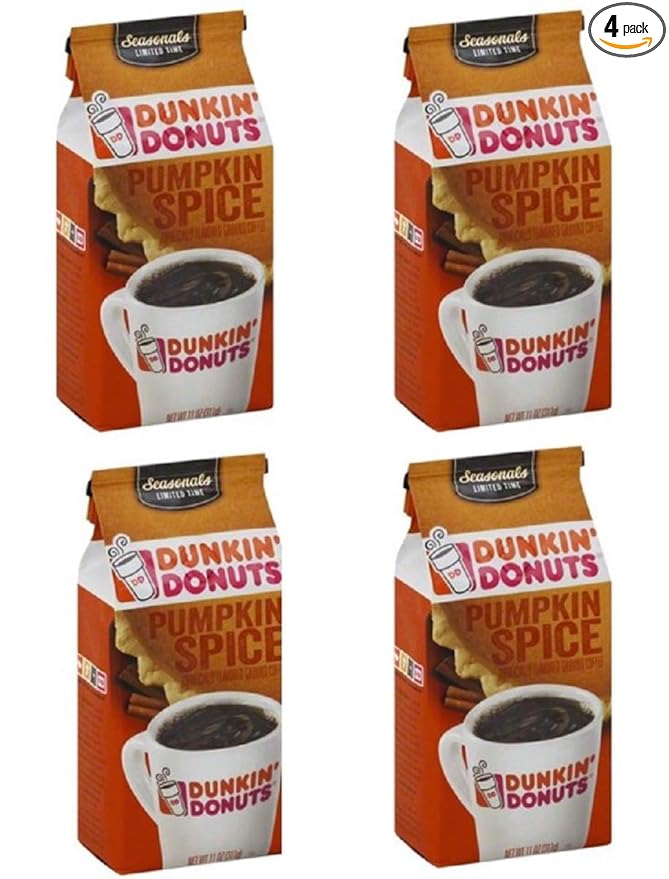 Dunkin Donuts Pumpkin Spice Flavored Ground Coffee Limited Edition Four 11 Ounce Bags (44 Ounces Total)