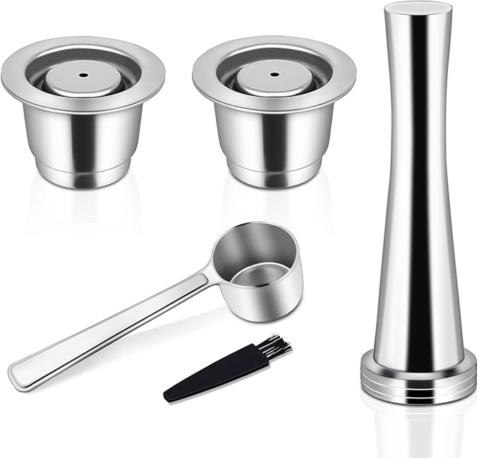 Reusable Coffee Capsules for Originales Stainless Steel Refillable Coffee Pods 2pcs Reutilisable Refillable Espresso Capsule(2 Cup+ Tamper+ Stainless Steel Spoon)