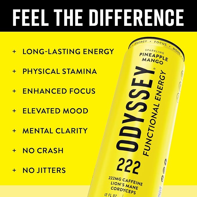 Odyssey Elixir - Odyssey 222 - Sparkling Energy Drink - 222 mg of Caffeine - Lion's Mane &amp Cordyceps - Energy &amp Focus - Endurance &amp Stamina - Nootropic - Pre Workout - Pineapple Mango