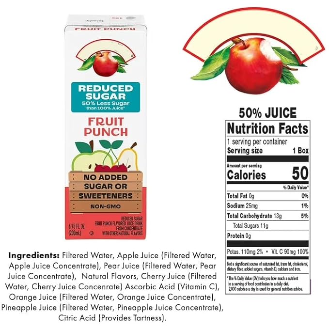 Reduced Sugar 100% Juice Variety Pack – 6.75 fl oz 40 Count – Apple White Grape Raspberry and Fruit Punch Flavors - 100% Daily Value Vitamin C