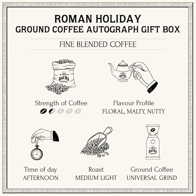 Bacha Coffee | Roman Holiday Fine Blended Ground Beans Medium Light Roast 100% Arabica Specialty Coffee 250g Autograph Collection Gift Box