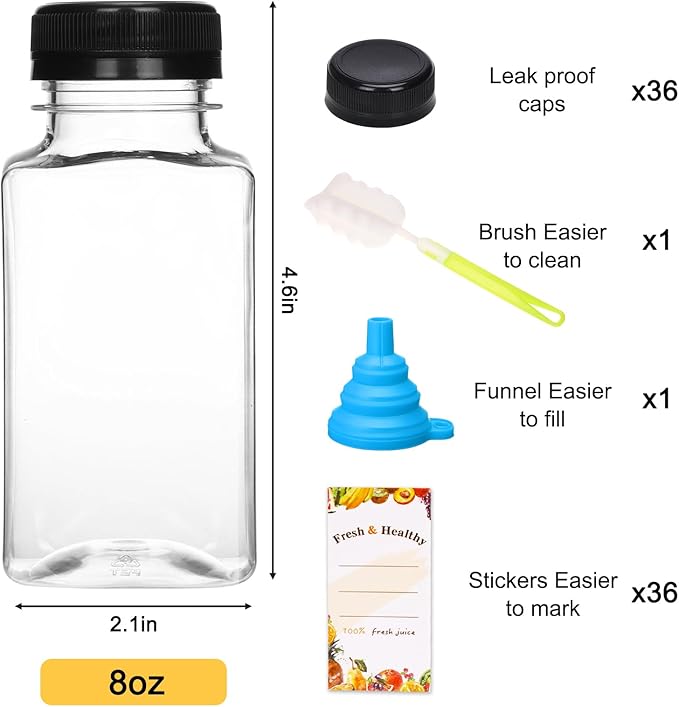 Moretoes 36pcs 8oz Juice Bottles Plastic Bottles with Lids Reusable Clear Containers with Caps for Juicing Smoothie and Other Beverages