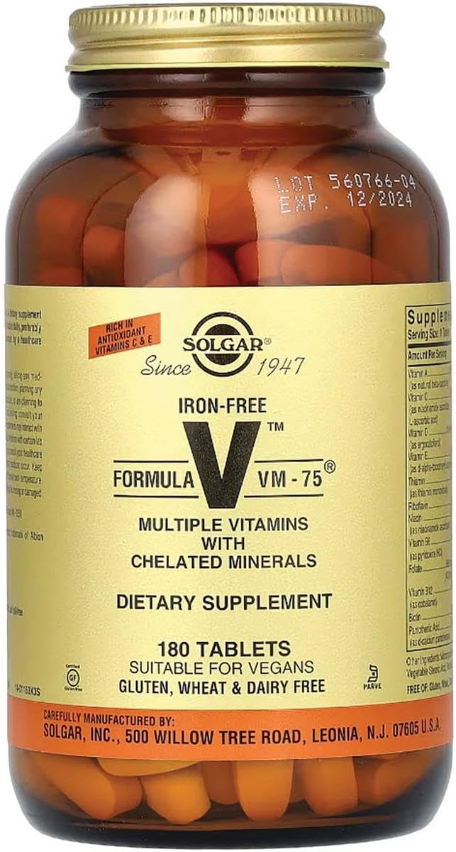 Solgar Iron-Free Formula VM-75 180 Tablets - Multivitamin with Chelated Minerals - Vitamin A B6 B12 C D E - Biotin Magnesium Calcium Zinc - Vegan Gluten &amp Dairy Free Kosher - 180 Servin
