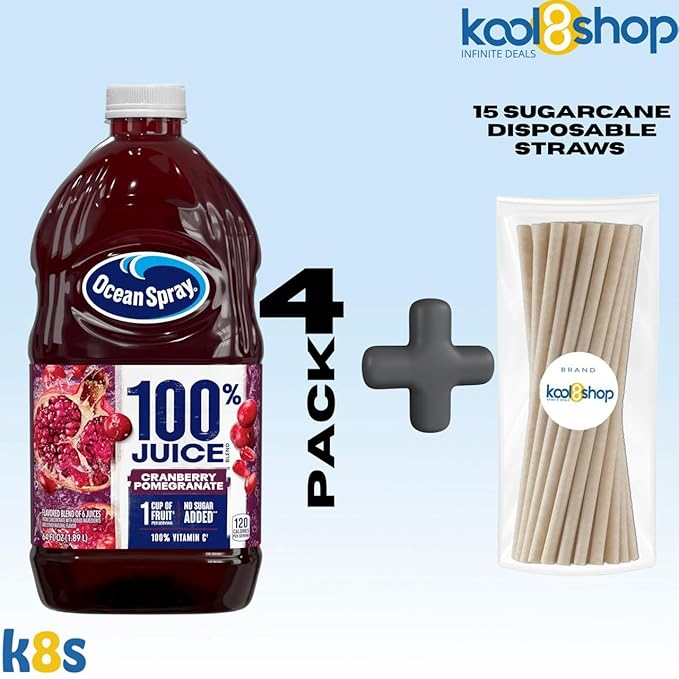 Ocean Spray 100% Cranberry Pomegranate Fruit Juice No Added Sugar 64 fl oz 4 Pack + 15 Sugarcane Disposable Straws by KOOL8SHOP Infinite Deals