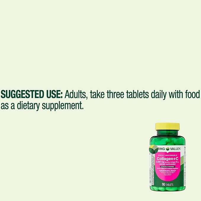 Pack of 1 SPR-ing Valle C Tablets for Hair/Skin/Nail Health 2500 mg 90 Count Highly Absorbable Collagen Plus Vitamin C + Exclusive nnh Guide Included