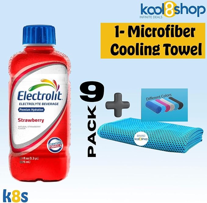 Electrolit Strawberry Hydration Drink With Electrolytes 21 fl oz Plastic Bottles 9 Pack+ 1 Microfiber Cooling Towel by KOOL8SHOP Infinite Deals