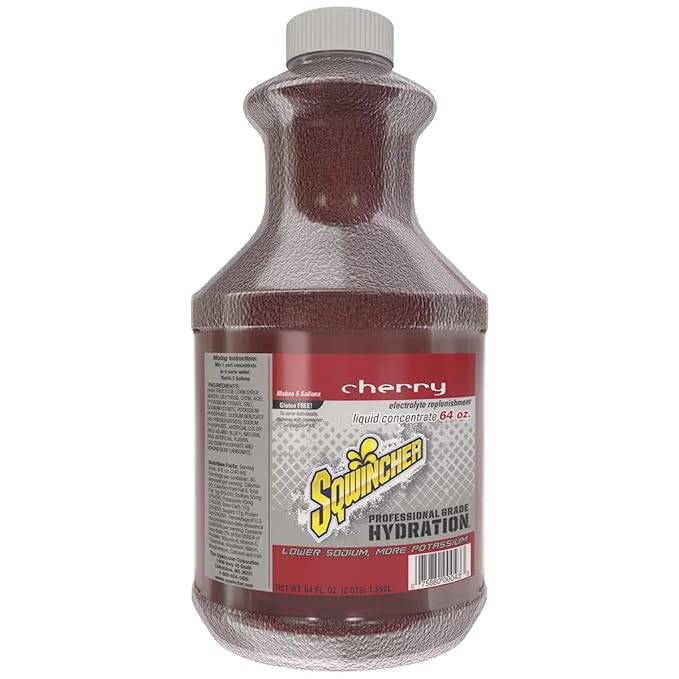 Sqwincher Liquid Concentrate | Cherry Flavored | Low Calorie | Low Sodium| Electrolyte Replenishment Hydration Drink Mix | Makes 5 Gallons of Beverage | 64 oz (Pack of 6)