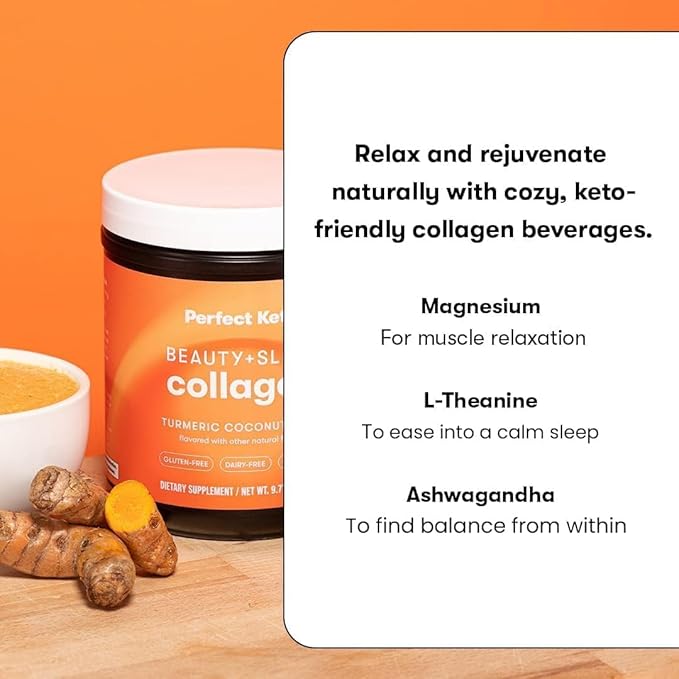 Perfect Keto Beauty + Sleep Grass Fed Collagen Peptides Protein Powder with Ashwagandha Magnesium Biotin Hyaluronic Acid L Theanine Hair Skin Nails &amp Relaxation Support Turmeric Coconut La