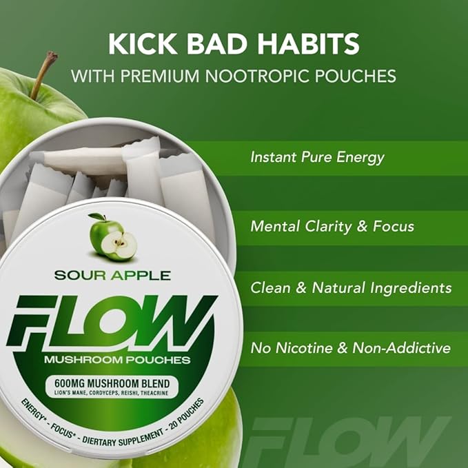Mushroom Nootropic Pouches - 600mg Organic Mushroom Energy Ultra Pouches with Lion's Mane Reishi Cordyceps for Focus &amp Clean Energy - Zero Caffeine or Sugar (5 Can Pack Sour Apple)