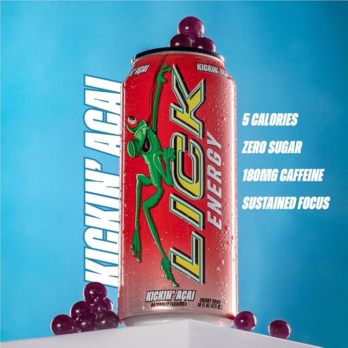 LICK Energy Drink - Zero Sugar No Crash Green Tea Caffeine (180mg) with Antioxidants and Vitamins A B6 B12 and C 16oz (12pk) - Kickin Acai