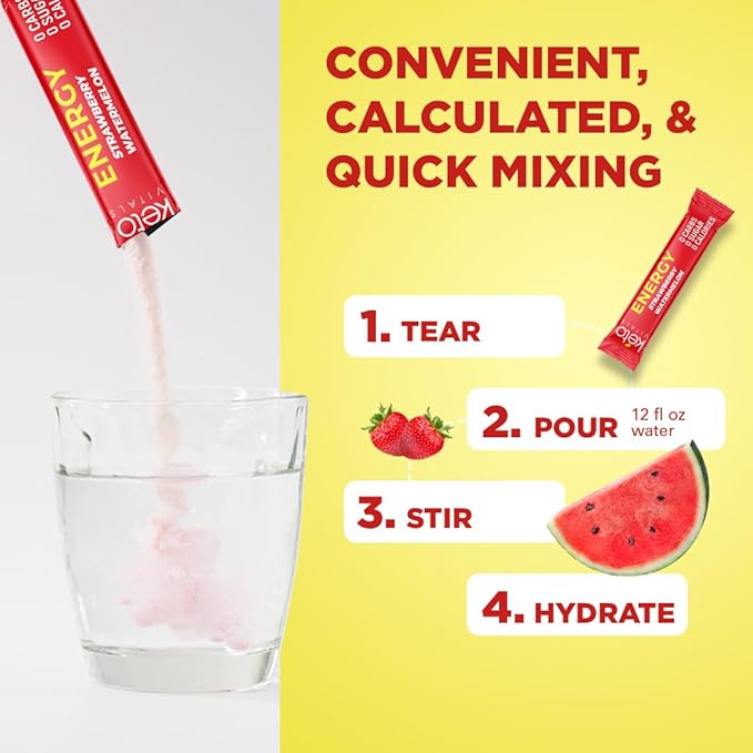 Keto Vitals Electrolyte Energy Drink Powder Packets - Electrolyte Supplement with 100mg Natural Caffeine L Theanine &amp Organic Lion's Mane Extract - Strawberry Watermelon Keto Powder Packets 30 C