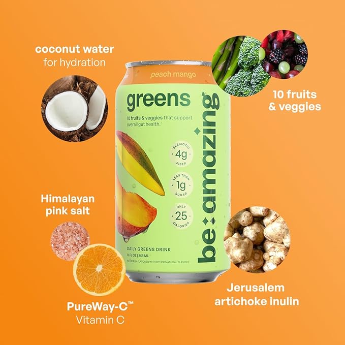 Be Amazing Greens Drink Peach Mango Vitamin Drinks With 10 Organic Fruits and Vegetables Coconut Water Vitamin C and Prebiotic Fiber 25 Calories Low Sugar Vegan and Gluten Free 8 Pack