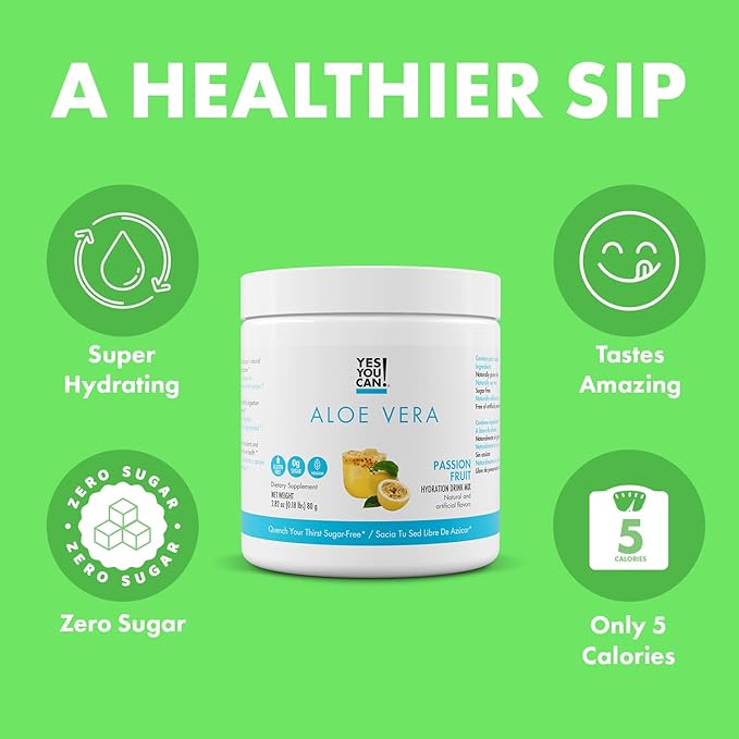 Yes You Can! Organic Aloe Vera Powder Drink Mix - Hydration Booster Infused with Pure Aloe Juice - Delicious Flavors - Made in USA - Antioxidant Rich - Passion Fruit - 40 Servings (Pack of 2)