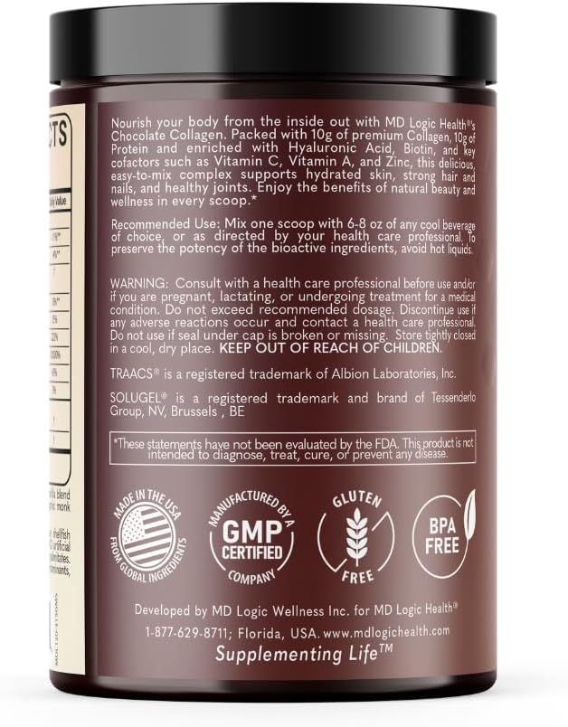MD Logic Health® Chocolate Collagen with Vitamin A C Zinc Biotin &amp Hyaluronic Acid for Healthy Skin Hair Nails Joints 10g of Collagen + 10g of Protein Zero Sugar