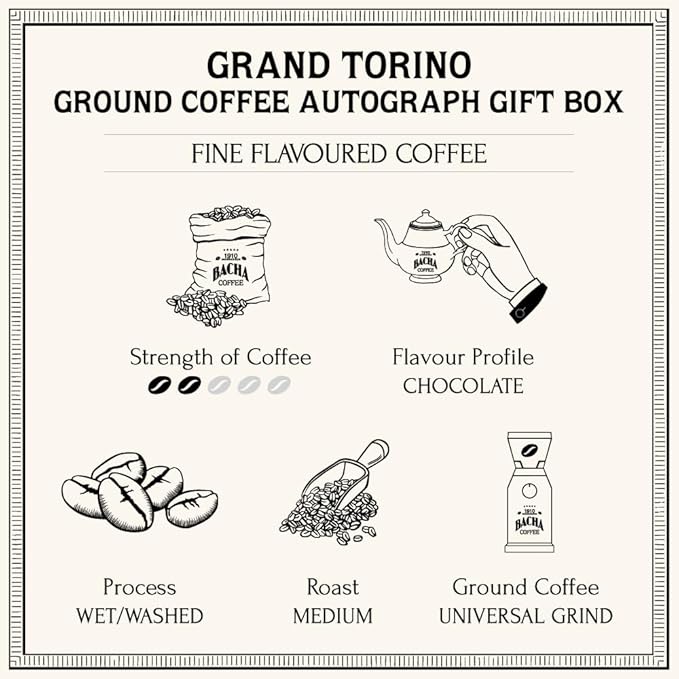 Bacha Coffee | Grand Torino Fine Flavoured Coffee Autograph Collection 100% Arabica Specialty Coffee Ground Beans Medium Roast 350g &amp 100% Natural Unbleached Wood Fibre Paper Filters Large