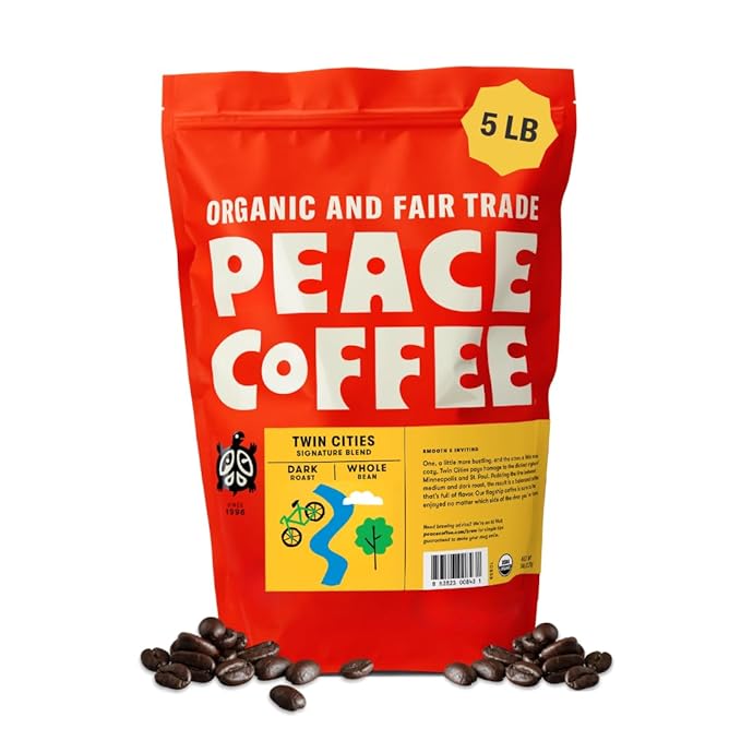 Peace Coffee Twin Cities Signature Blend Dark Roast Whole Bean Coffee 5 lb Organic Fair Trade Nutty Bold Flavor Shade Grown Fresh Roasted