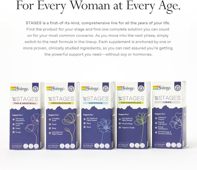 SOLARAY Postmenopause her Life Stages - Post Menopause Supplements for Women with Resveratrol - Vegan and Made Without Hormones - 60-Day Guarantee - Vegan Lab Verified - 30 Servings 60 VegCaps