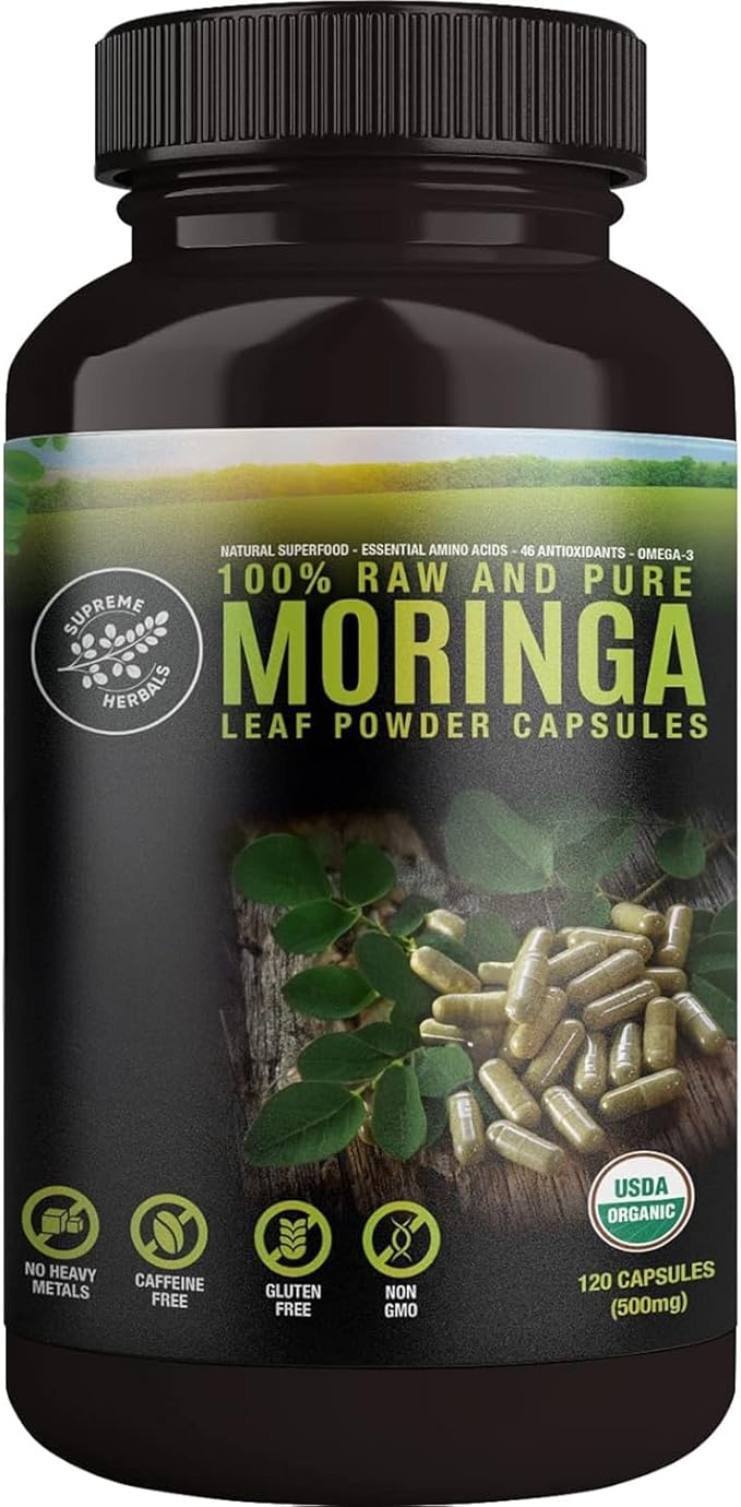 100% Raw and Pure Moringa Leaf Powder Capsules. Organic Certified Moringa Leaf. Natural Superfood with Essential Amino Acids Antioxidants and Omega 3 500mg 120 Capsules.