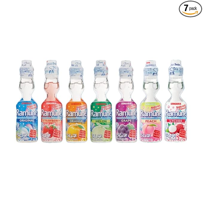 Sangaria Ramune Japanese Soft Drinks Marble Soda Carbonated Variety Pack Bundles Mix Favor Combo Original Strawberry Orange Melon Grape Peach Lychee Flavors 6.76 Fl Oz