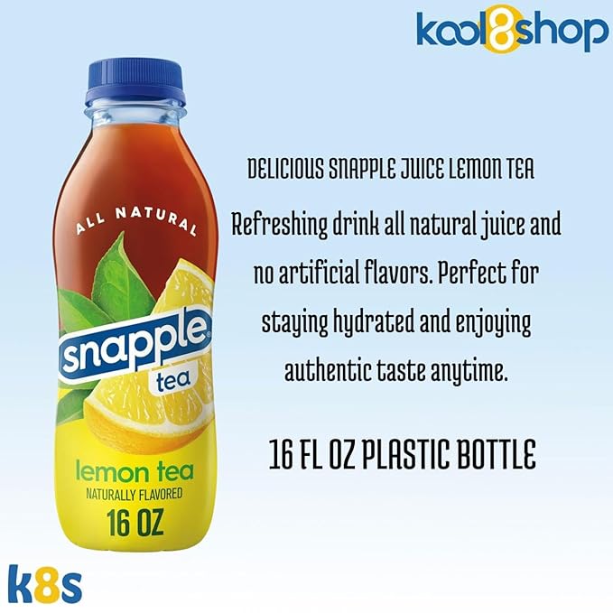 Snapple Lemon Tea All Natural Fruit Juice 16 fl oz Plastic Bottles 16 Pack + 15 Sugarcane Disposable Straws by KOOL8SHOP Infinite Deals
