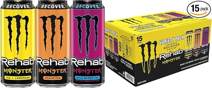 Monster Energy Rehab LPWBT Variety Pack Energy Iced Tea 15.5 Ounce | Pack of 15