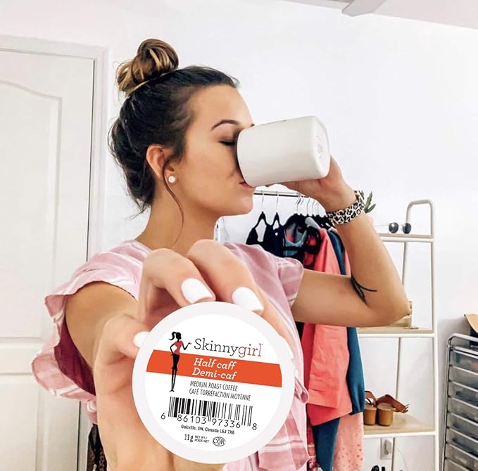 Skinnygirl Half Caff Coffee Pods Reduced Caffeine Medium Roast Coffee in Single Serve Pods for Keurig K Cups Brewers 24 Count Per Box 2 Boxes