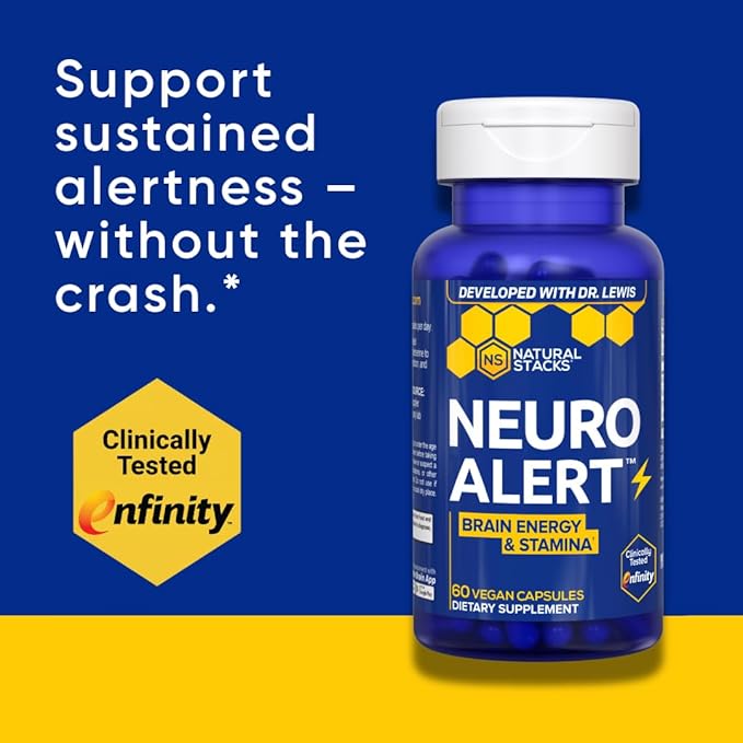 NATURAL STACKS NeuroAlert - 200mg Paraxanthine Energy Supplement - Caffeine Free Focus w/ 500mg L-Tyrosine &amp 100mg L-Theanine - 10mg NADH for Cellular Energy Support - 60 Paraxanthine Capsules