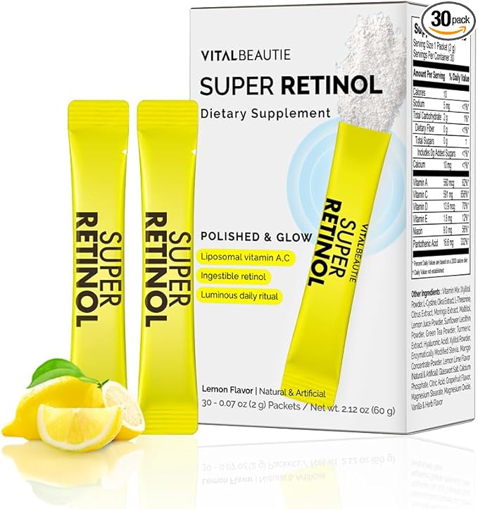 VITALBEAUTIE Super Retinol - Ingestible Liposomal Retinol &amp Vitamin C 1000mg Powder - Vegan K-Beauty Skin Supplement for Radiant Glass Skin &amp Tone Dark Spot Care 30 Packets