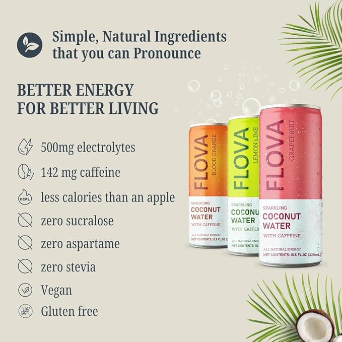 Flova Grapefruit Energy Drink All Natural Electrolytes and Minerals from Coconut Water 4 Simple Easy to Pronounce Ingredients 99% Juice Pack of 12 Cans