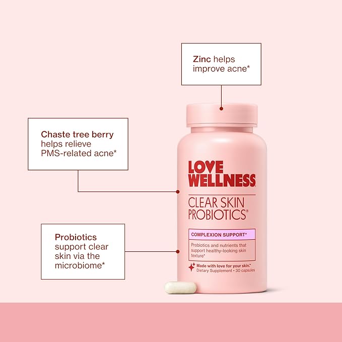 Love Wellness Clear Skin Probiotic | Clear Up Hormonal Acne Pimples Redness &amp Pore Minimizer | Skin Care with Zinc Bifidobacterium Longum &amp Chaste Tree Fruit Extract | Acne Treatment | 30 Co