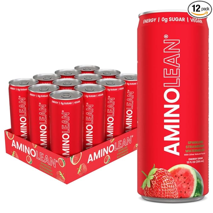RSP NUTRITION AminoLean Energy Drink – Sugar Free Amino Energy with Natural Caffeine and Vegan Amino Acids for No Jitters Tingles or Crash Strawberry Watermelon (Pack of 12)