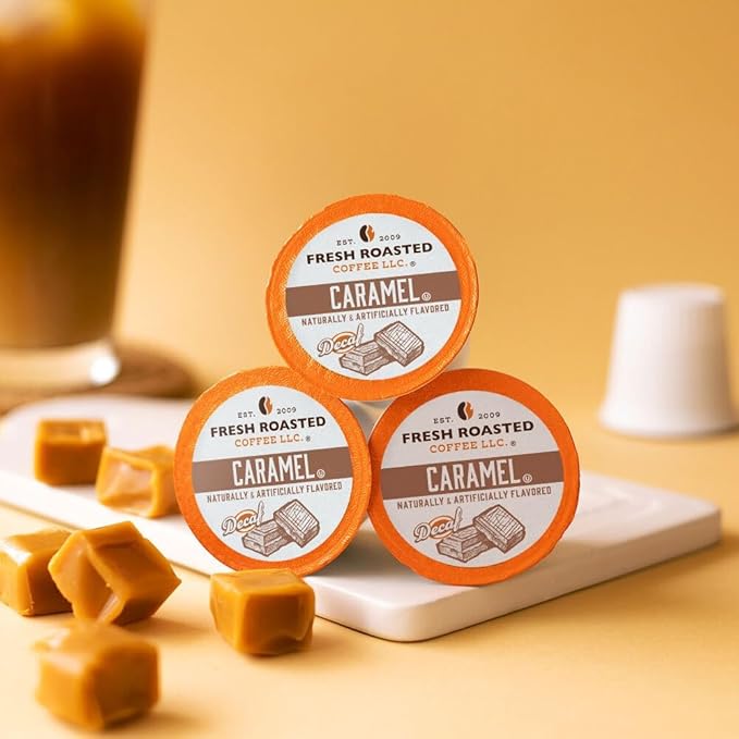 Fresh Roasted Coffee Decaf Caramel Flavored Coffee Pods K-Cup Compatible 96 Count