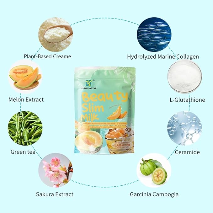 Marine Collagen Drink Mix Powder – Melon Flavor Beauty Drink with Collagen Peptides L-Carnitine L-Glutathione Green Tea &amp Botanical Blend – Daily Wellness Collagen Beverage – 6.35 oz