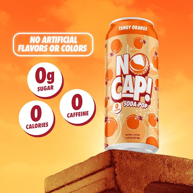 No Cap! Healthy Soda Alternative Natural Allulose Zero Sugar Zero Calorie Caffeine Free | Hydrating Electolytes Natural Flavors 16 oz. (Orange)