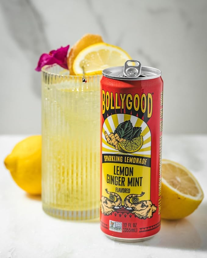Bollygood Sparkling Lemonade Lemon Ginger Mint Indian Inspired Beverage Nimbu Pani No Artifical Colors or Flavors Non-GMO Project Verified12 FL OZ Cans (Pack of 12)