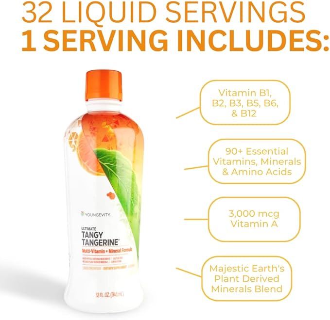Youngevity Majestic Earth - Ultimate Tangy Tangerine 32 FL Oz – Gluten-Free Liquid Multivitamins for Men Women &amp Daily Immune Support for Kids – Boost Complete Nutritional Drink for Health Ener