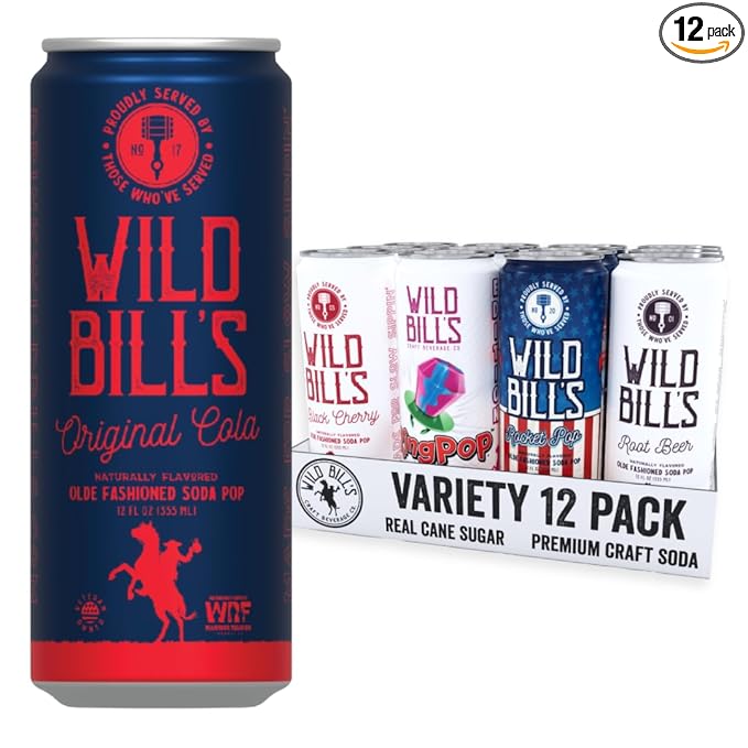 Wild Bill's 12 Flavor Craft Soda Soft Drinks Variety Pack Root Beer Strawberry Cream Cola + MORE Pure Cane Sugar NO High Fructose Corn Syrup Caffeine &amp Gluten Free Vegan (12 oz 12-Pack)