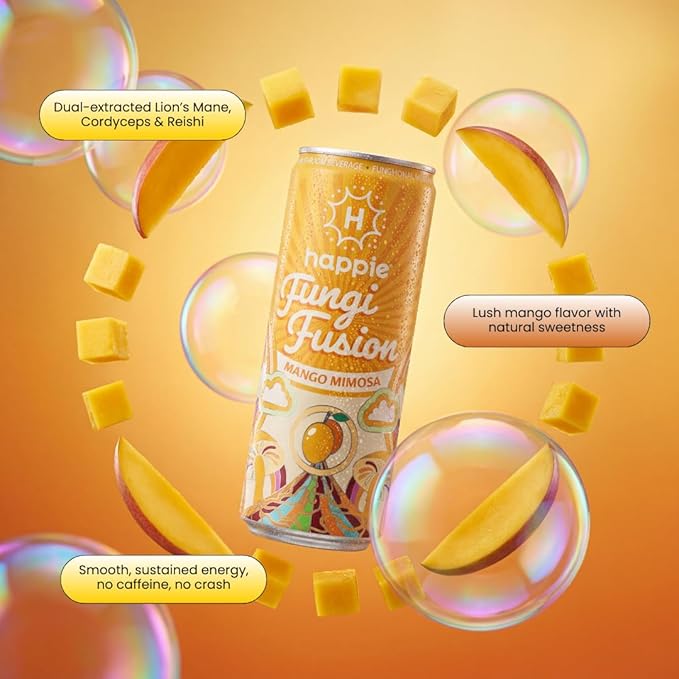 Happie Fungi Fusion Mango – Sparkling Adaptogen Drink with Lion’s Mane Cordyceps &amp Red Reishi – Plant-Based Nootropic 40 Calorie Zero Sugar Added Vegan Functional Soda Alternative (6 pack)