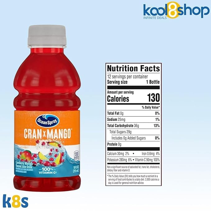 Ocean Spray Cran Mango Fruit Juice Drink 10 fl oz Plastic Bottles 24 Pack + 2 Reusable Snack Bags by KOOL8SHOP Infinite Deals
