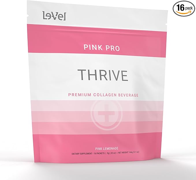 Thrive Premium Collagen Powder Drink - Pink Lemonade - Type I and III Collagen Hyaluronic Acid Biotin Vitamin C (16 Stick Packets Pink Lemonade - No Caffeine)