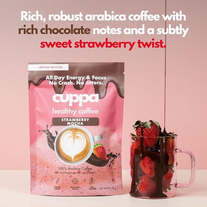 Cuppa Coffee - Great tasting Straberry Mocha coffee with mushrooms adaptogens &amp superfoods - Lion's Mane Ashwagandha Cordyceps MCT Prebiotic Fiber &amp L-Theanine. Supports natural energy &a