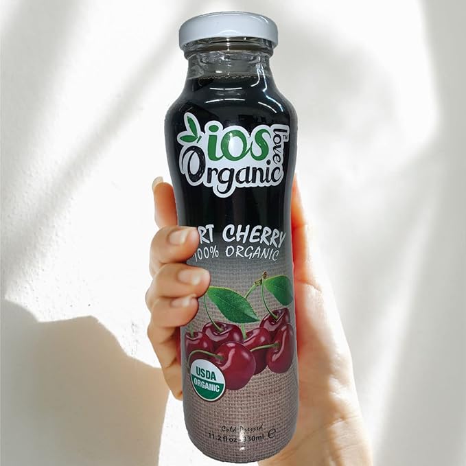 IOS Love Organic - Tart Cherry Juice 12 Pack of 11.2 Fl Oz Glass Bottles Cold Pressed No Added Sugar No Preservatives Vegan &amp Gluten Free